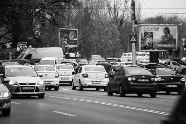 Blurred background, Traffic jam on road, black and white filter.