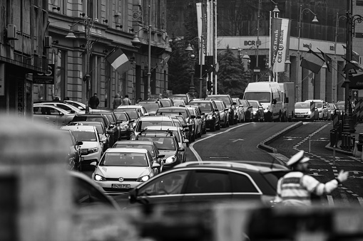 Car traffic, pollution, traffic jam in Bucharest, Romania, 2022