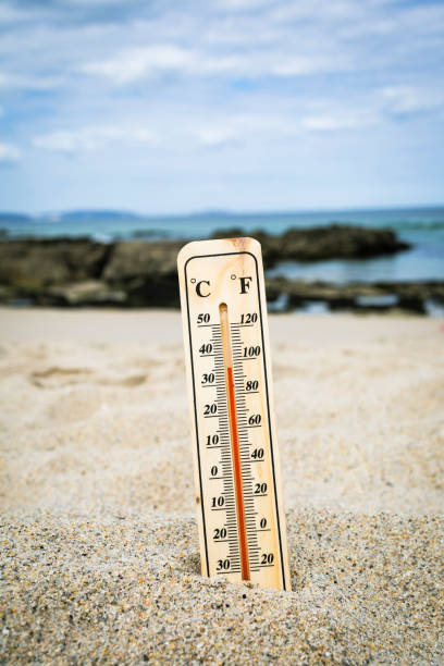 istock Thermometer on the beach marking high temperatures. Climate change. Global warming. Ecological problems of the planet. 1422834437