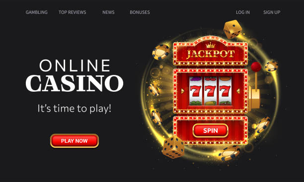 Winning red slot machine homepage Casino online landing page. Winning red slot machine vector illustration on black background. Website homepage interface UI template. Landing web page, concept hero header. slot stock illustrations