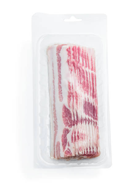 istock Smoked and sliced bacon in vacuum pack isolated on white 1422838135