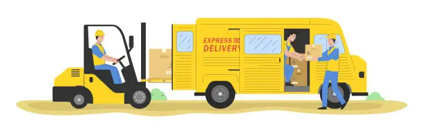 Vector illustration of Courier Delivery Service Concept. Storehouse Workers Courier In Uniform Loading Cardboard Boxes With Forklift And Give Parcels To Customers From Van. Cartoon Linear Outline Flat Vector Illustration