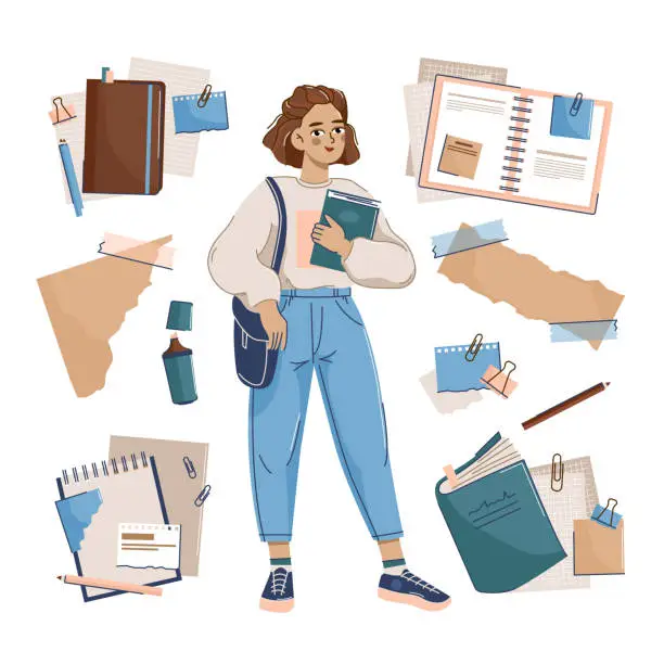 Vector illustration of The girl is a student with a notebook in her hands. Notebooks and office supplies.