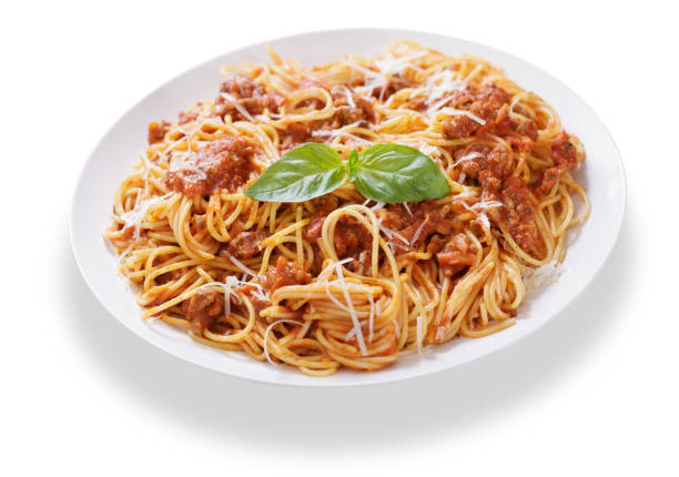 istock plate of pasta bolognese on white background 1422839761
