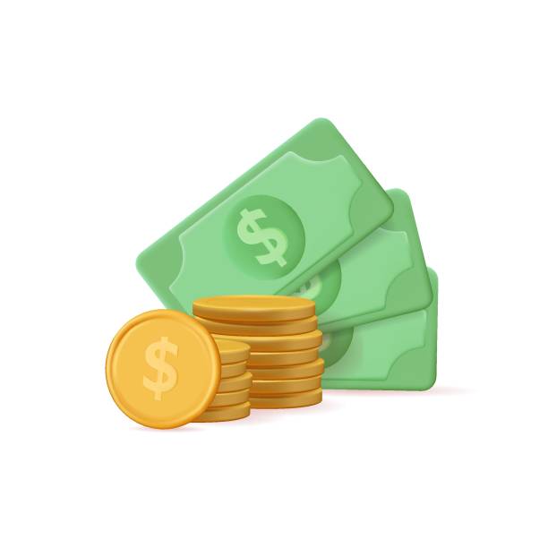 abstraktes geld, papierscheine und goldmünzen. 3d-dollar-banknoten, währung. banknoten, finanzzusammensetzung. gehalt - währung stock-grafiken, -clipart, -cartoons und -symbole