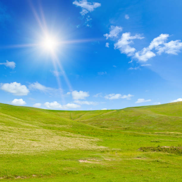 istock Vast grassy meadow with distant hills and sun on sky. 1422840794