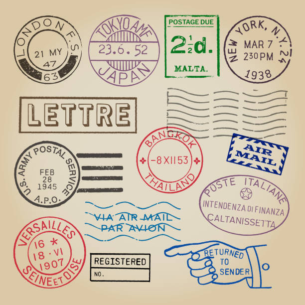 Vintage World Postmarks and Postal Meters Custom art inspired by vintage postmarks and meters. Vector assets can be edited and scaled to any size. hand stamp stock illustrations