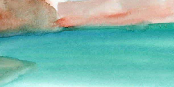 moderne abstrakte aquarelllandschaft. minimalistische kunst mit himmel, bergen und wasser. hintergrund mit einem einfachen naturgemälde. - italian lake district stock-grafiken, -clipart, -cartoons und -symbole