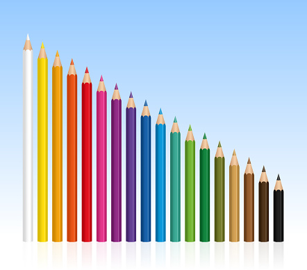 Colored pencils, crayon set with different lengths, getting shorter. Isolated vector illustration blue gradient background.