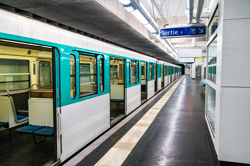 Train at Mairie d'Aubervilliers metro station in Paris, France