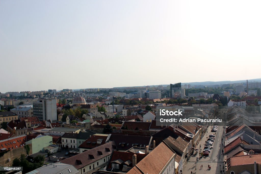 Panoramic view of Kosice Old city from St. Elisabeth Cathedral, scenic daytime cityscape with streets, red tiled roofs of medieval buildings and blue cloudy sky, urban skyline, Slovakia (Slovensko) Aerial View Stock Photo