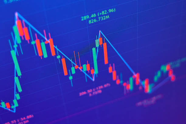 istock Falling stock market chart on blue background 1422849541