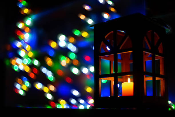 dark interior lantern vintage style soft focus object and background garland colors Halloween concept indoor