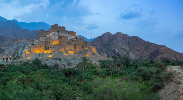 Panoramic view of Thee Ain (Dhee Ayn) heritage village in the Al-Baha region of Saudi Arabia The village of Thee Ain is in the Al-Mikhwat province of the Al-Baha Region, Saudi Arabia. The village is characterized by houses built from polished stones. arabian peninsula stock pictures, royalty-free photos & images