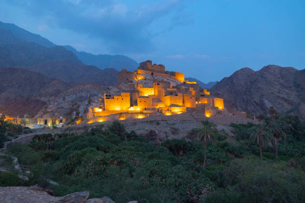 Panoramic view of Thee Ain (Dhee Ayn) heritage village in the Al-Baha region of Saudi Arabia stock photo