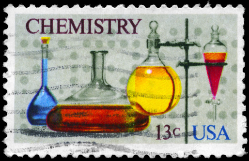 A Stamp printed in USA shows the various Flasks, separatory Funnel, computer Tape, Chemistry Issue, circa 1976