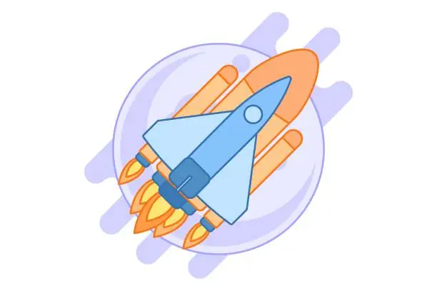 Vector illustration of Flat style spaceshuttle flying in cosmos with a planet or satellite on background. Cartoon style illustration isolated on white background.