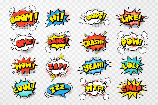 ilustraciones, imágenes clip art, dibujos animados e iconos de stock de conjunto de colores cómicas burbujas de discurso pegatinas con texto, nube, estrellas, semitono sobre fondo transparente. ilustración vectorial de dibujos animados pop art en estilo retro. - superhéroe