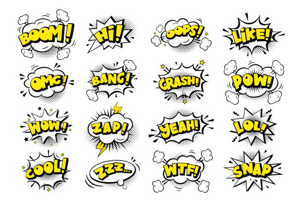 Set of comic speech bubbles stickers with text, cloud, stars, halftone on white background. Pop art vector cartoon illustration in retro style. Set of comic speech bubbles stickers with text, cloud, stars, halftone on white background. Pop art vector cartoon illustration in retro style. Design for comic book, poster, banner cartoon fonts stock illustrations