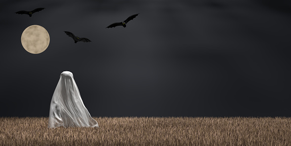 Halloween background. A ghost covered with a white sheet walks across the field at night on a full moon, bats fly over it. 3d illustration.