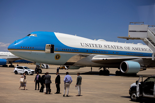 Madrid, Spain - 30 June, 2022: Air Force One, the airplane of the US President, is seen landed on Torrejon Air Base. Spain hosted a NATO summit from 28 to 30 of June.