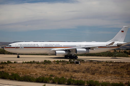 Madrid, Spain - 30 June, 2022: Government's airplane of Germany is seen before take off from Torrejon Air Base. Spain hosted a NATO summit from 28 to 30 of June.