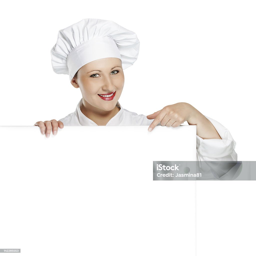 Молодой Женский шеф-повар с местом для копии баннер - Стоковые фото Белый роялти-фри
