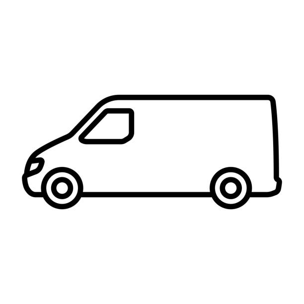 Van icon. Cargo minibus. Black contour linear silhouette. Side view. Editable strokes. Vector simple flat graphic illustration. Isolated object on a white background. Isolate. Van icon. Cargo minibus. Black contour linear silhouette. Side view. Editable strokes. Vector simple flat graphic illustration. Isolated object on a white background. Isolate. minivan stock illustrations