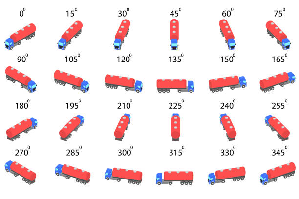 zestaw 24 ciężarówek paliwowych pod różnymi kątami. - fuel tanker truck storage tank isometric stock illustrations