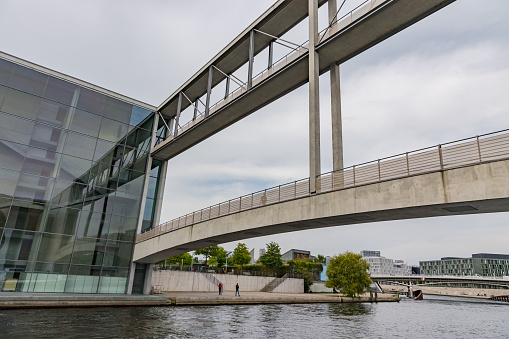 The leap across the Spree over the higher civil service career bridge in the German government district, Berlin