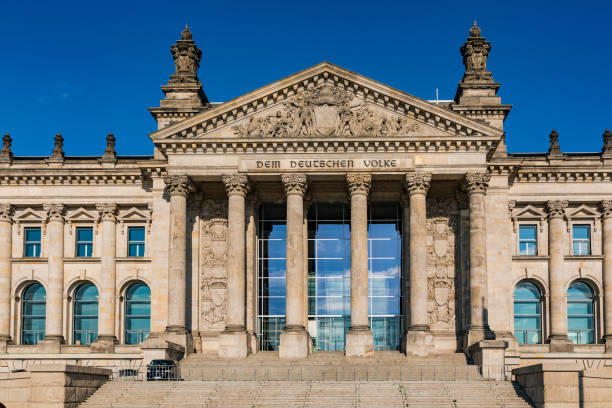 View of the distinctive Reichstag building from the Platz der Republik in Berlin, Germany stock photo