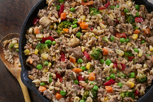 Ground Beef, Mixed Vegetable and Rice Stir Fry