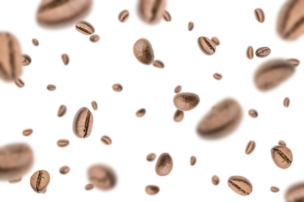 istock Coffee beans fall background. Black espresso coffee bean falling. Aromatic grain flying isolated on white. Concept for coffee product advertising. 1422863102
