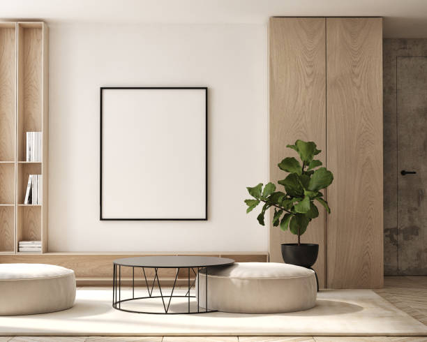 mock up poster frame in modern interior background, living room, Scandinavian style, 3D render, 3D illustration