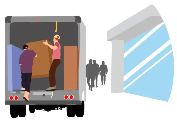 Vector illustration of Movers Unloading Moving Truck At Business