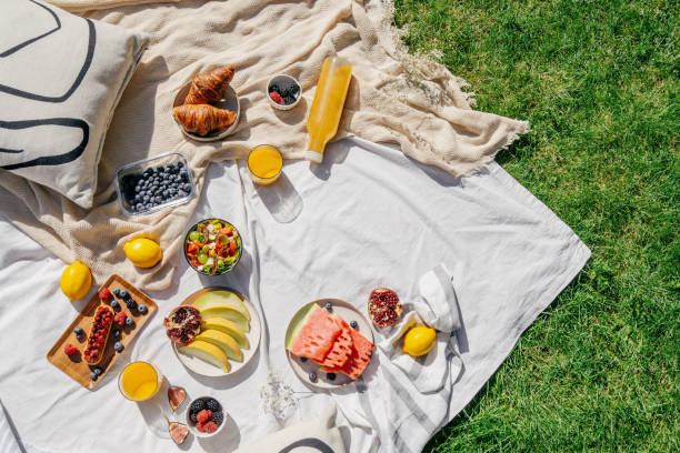 picnic on blanket with food at summer sunny day stock photo