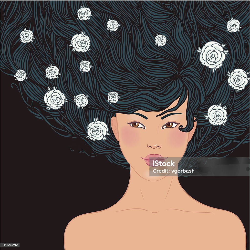Красивая Азиатская Девушка с течет волосы и белые цветы - Векторная графика Женщины роялти-фри