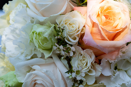 Beautiful wedding bouquet with white and pink roses, closeup. Floral background and texture.