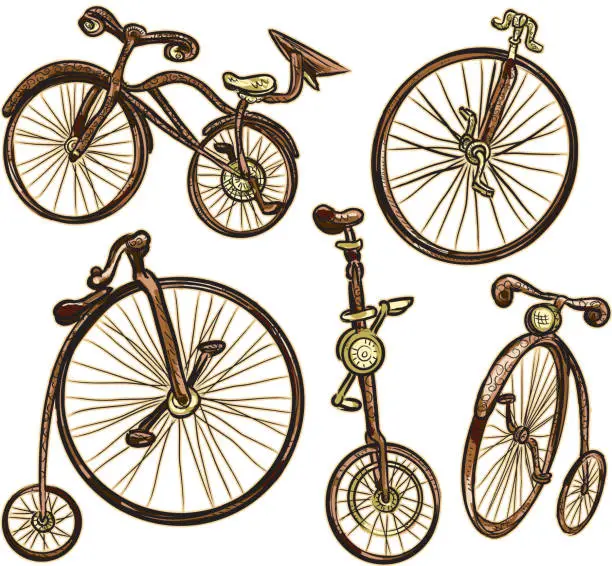 Vector illustration of Assorted old fashioned bicycles isolated on white