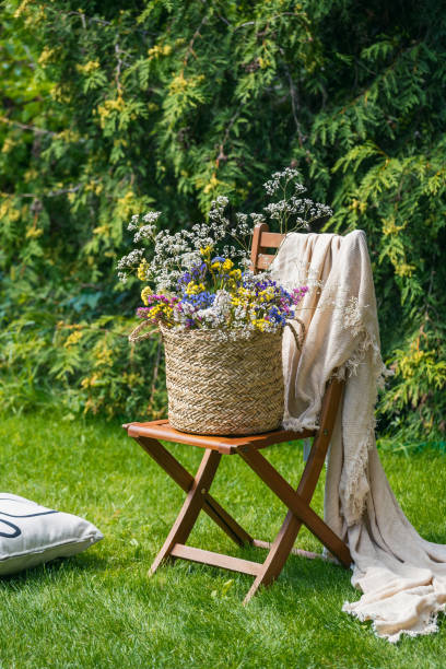 istock flowers in wicker basket on chair outdoors at summer 1422870581