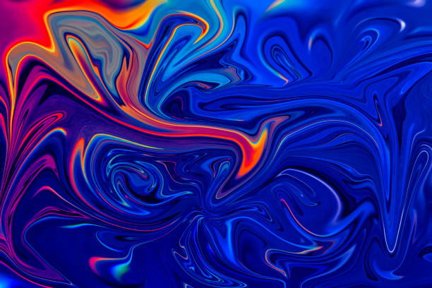 Blue metal abstract background with orange and red waves stock photo