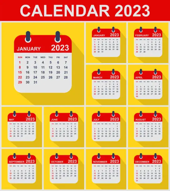 Vector illustration of 2023 Calendar Leafs. Week starts on Sunday. Business vector illustration.