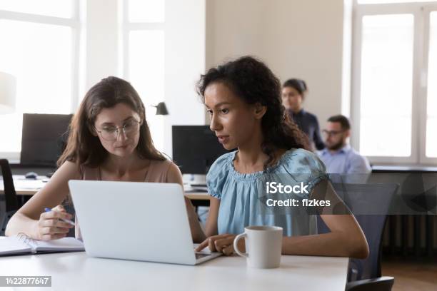 Focused Intern Student Consulting Corporate Teacher Using Laptop Stock Photo - Download Image Now