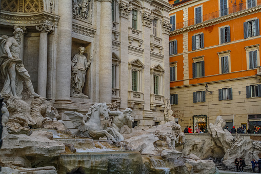 Trevi fountain or Fontana di Trevi in Rome, Italy. Architecture landmark, most famous fountain in the world with stunning artistic stonework