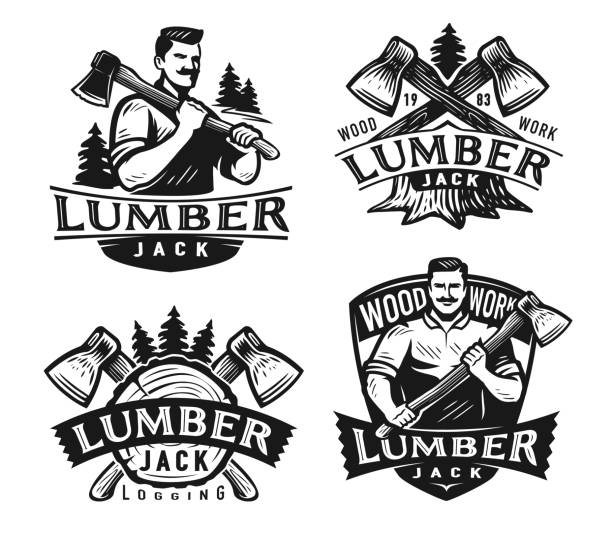 holzfäller-abzeichen-set. holzarbeiten, fällbäume emblem. monochromes etikettenset der holzindustrie. vektorillustration isoliert - lumberjack lumber industry forester axe stock-grafiken, -clipart, -cartoons und -symbole