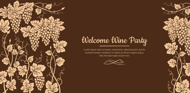 Banner welcome wine party vintage poster template card with grapes winemaking craft background Banner welcome wine party. Vintage advertisement poster template card with grapes. Retro design winemaking bar, craft monochrome background. Restaurant alcohol menu, invitation flyer spring training stock illustrations