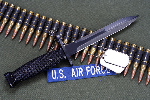 US AIR FORCE uniform with bayonet, dog tags and ammunition belt