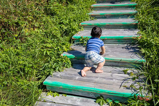 A toddler climbs up short wooden stairs, outside.