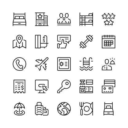 Hotel line icons. Hotel amenities and hotel facilities. Outline symbols. Vector line icons set