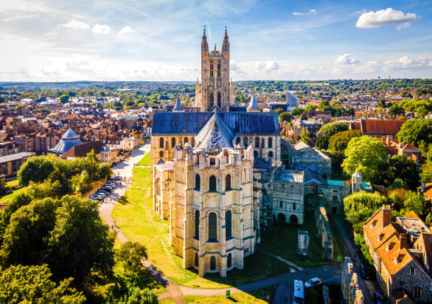 Aerial view of Canterbuty, cathedral city in southeast England, was a pilgrimage site in the Middle Age, England Aerial view of Canterbuty, cathedral city in southeast England, was a pilgrimage site in the Middle Age, England, UK canterbury uk stock pictures, royalty-free photos & images